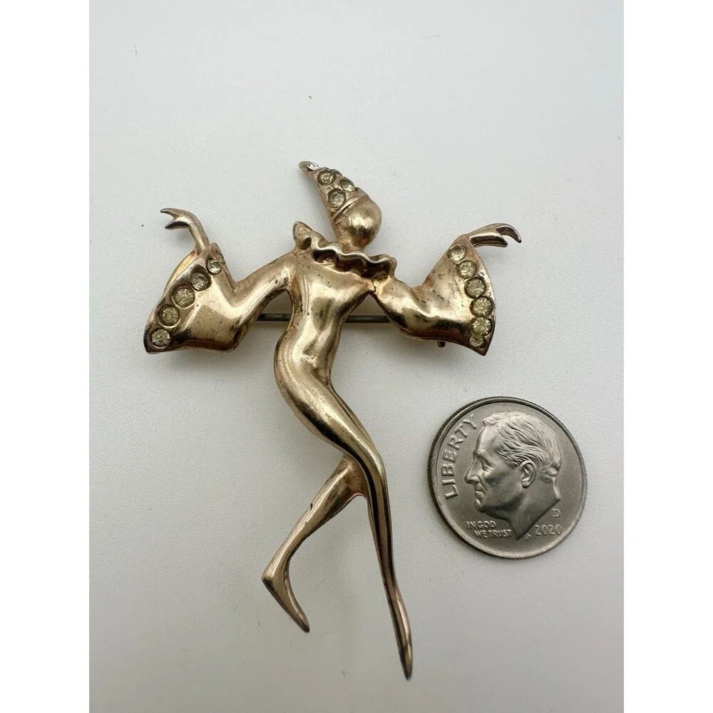 Vintage Sterling Silver Rose Gold Plated Dancing Harlequin Brooch Pin